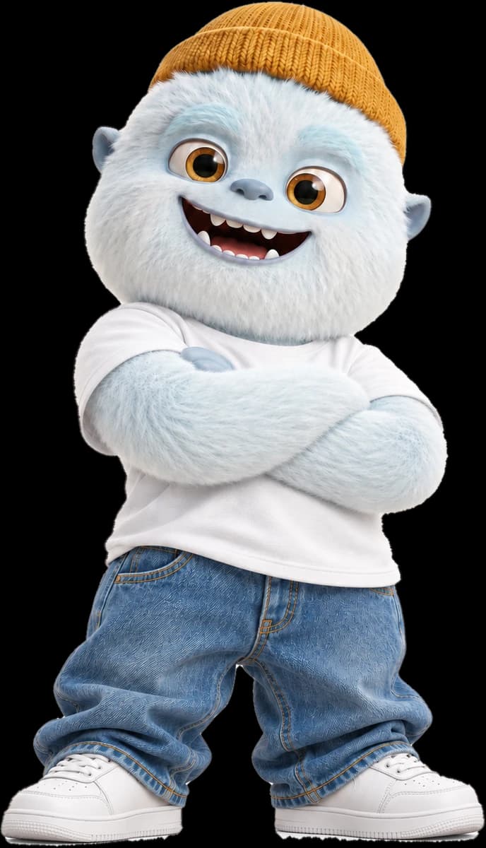 De gids van Klimbo, een jonge yeti met een gele muts, staat met zijn armen over elkaar