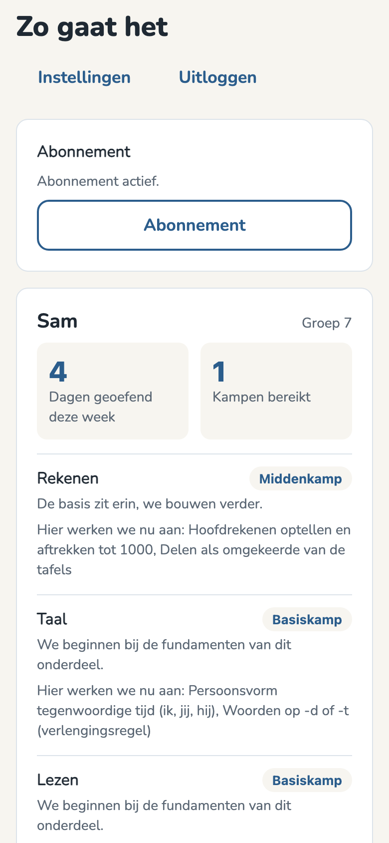 Het ouderoverzicht op een telefoon: dagen geoefend, wat bereikt is en per onderdeel waar de oefening start