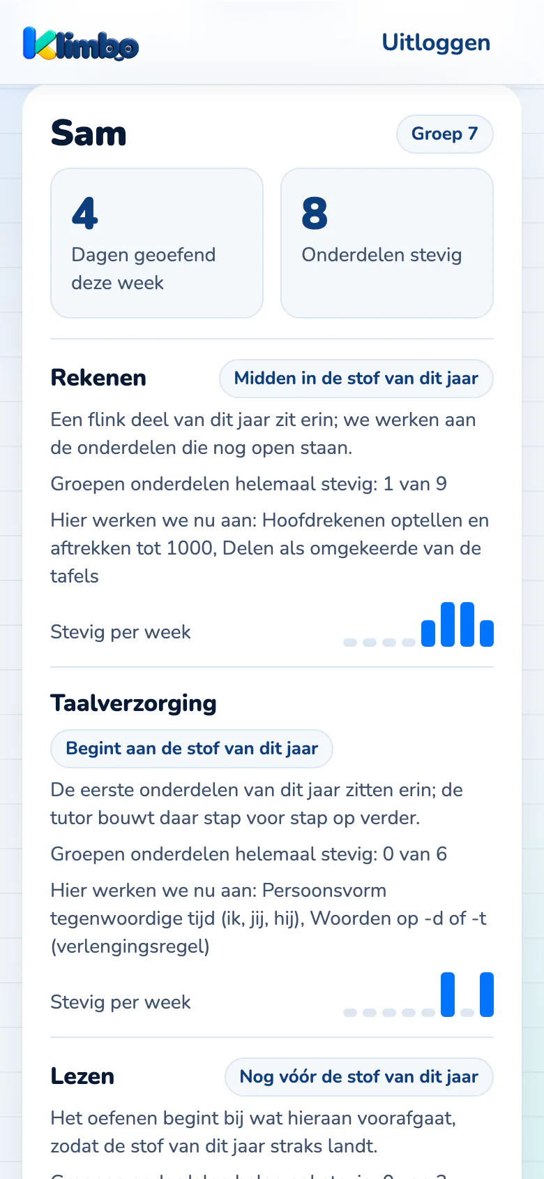 Het ouderoverzicht op een telefoon: dagen geoefend deze week, onderdelen die stevig zitten, en per onderdeel waar de oefening start