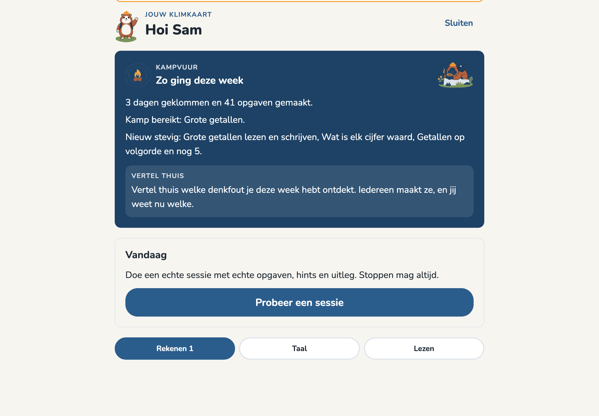 Het startscherm van het kind: een terugblik op de week en de knop om een sessie te beginnen