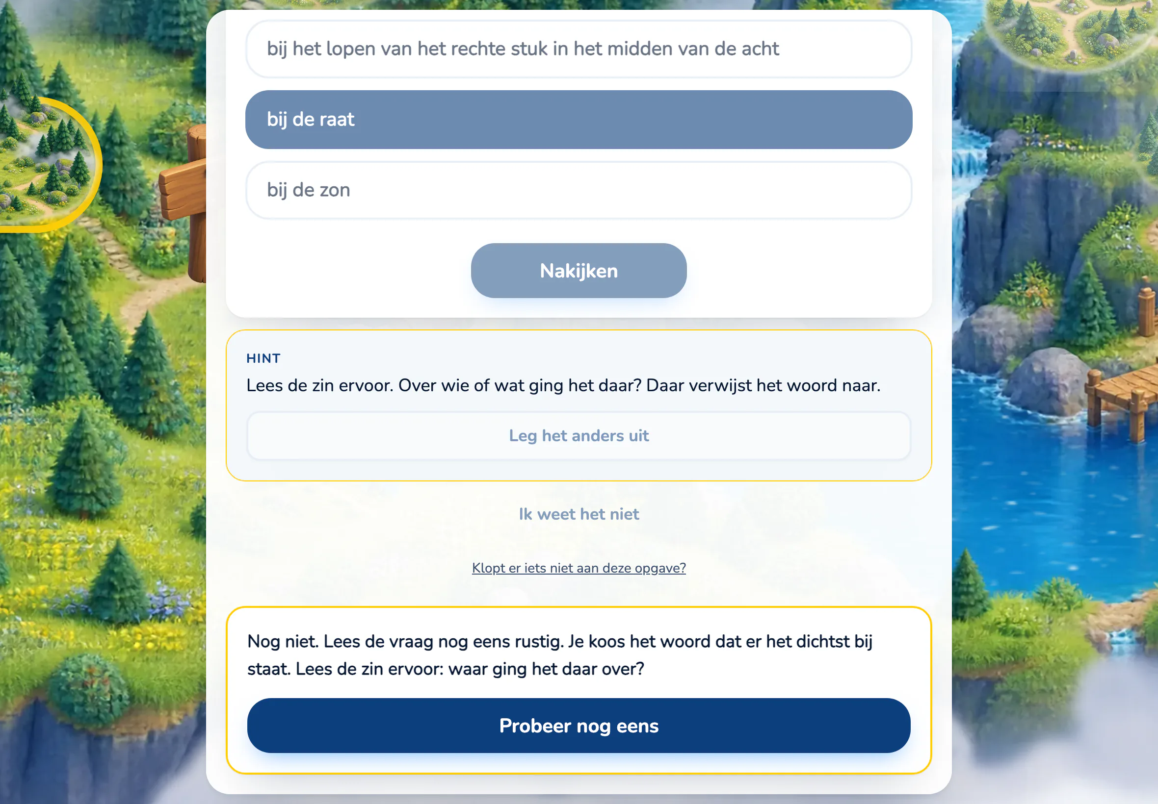De app op een tablet: de antwoorden van een leesvraag, een hint van de tutor, de uitleg bij het foute antwoord en de knop Probeer nog eens