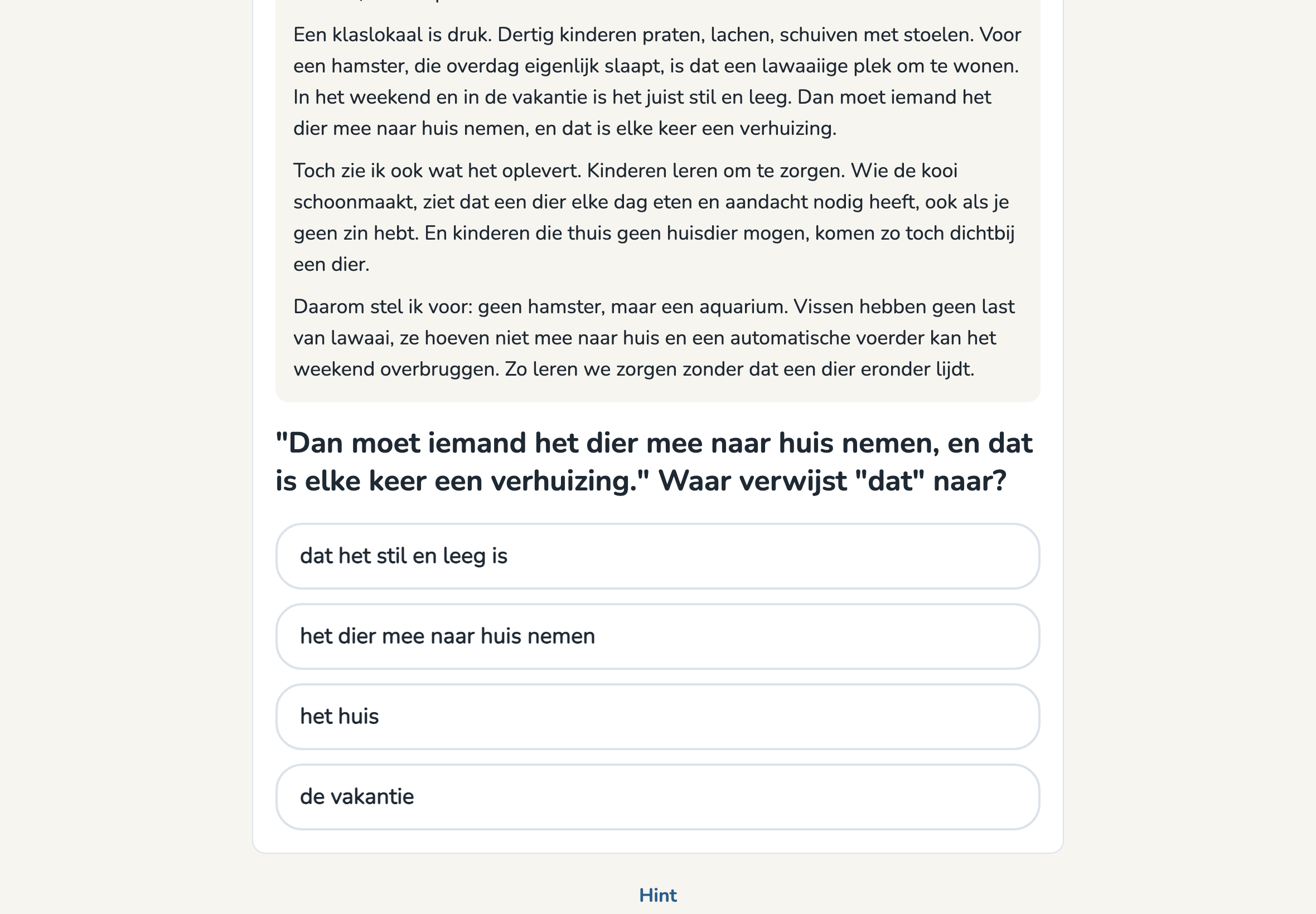 Een leestekst in de app met daaronder de vraag waar het woord 'dat' naar verwijst, en vier antwoorden om uit te kiezen